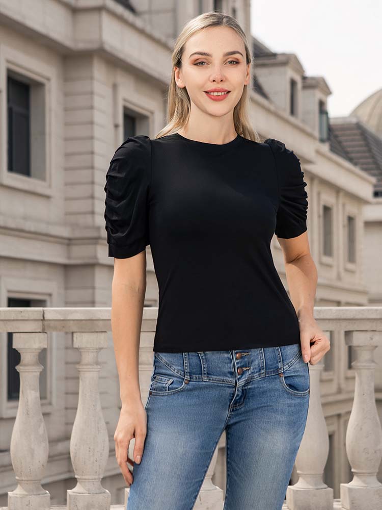 Puff Sleeve Basic Solid T-Shirt