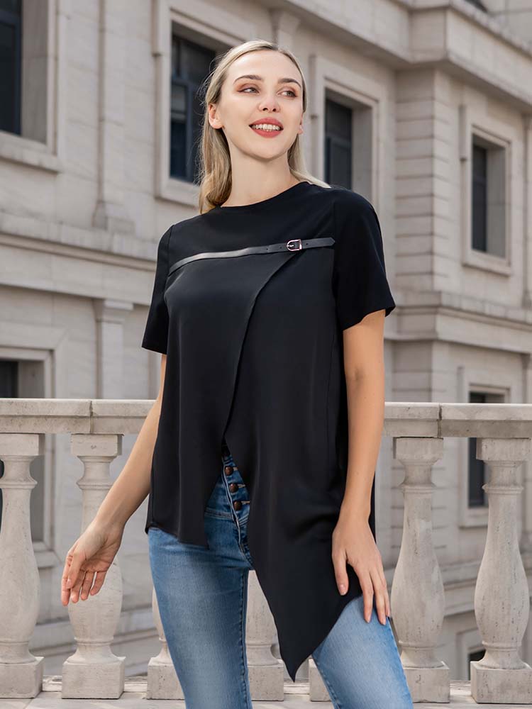 PU Strap Irregular Split Hem T-Shirt
