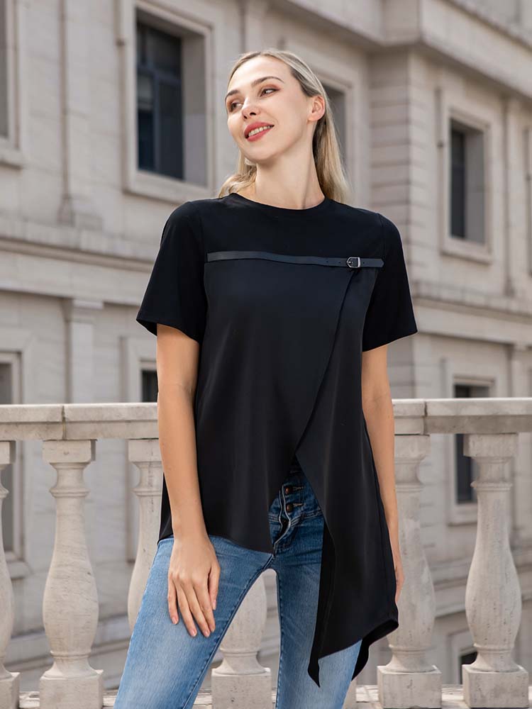 PU Strap Irregular Split Hem T-Shirt
