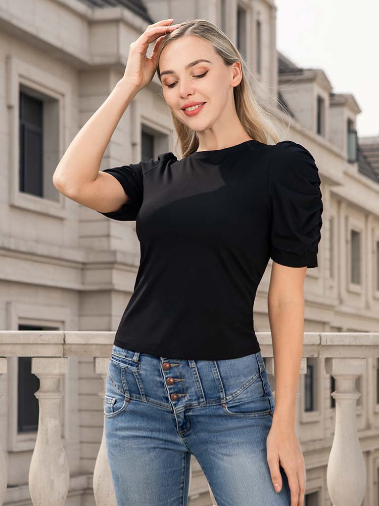 Puff Sleeve Basic Solid T-Shirt
