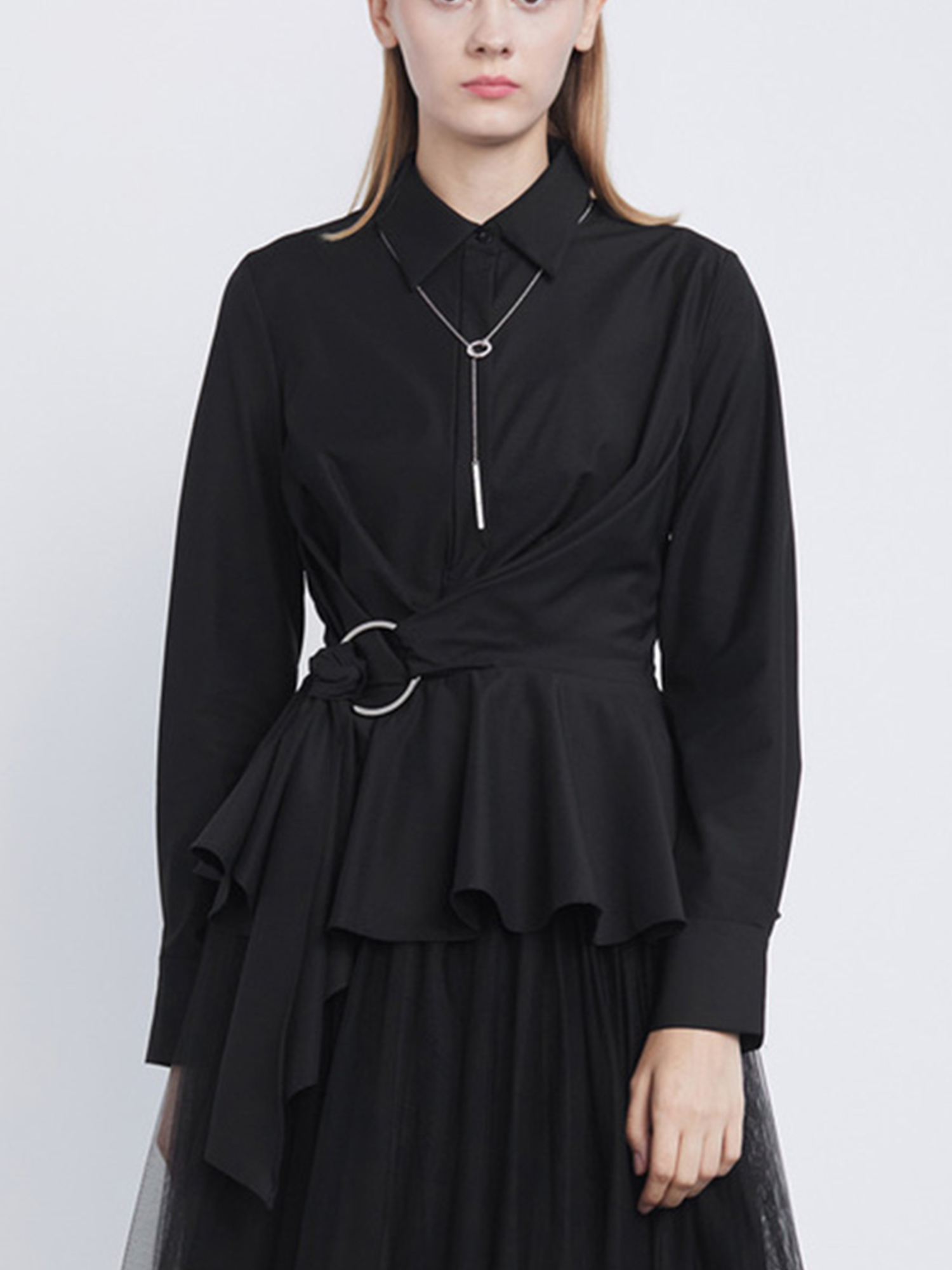 Casual Lapel Waist Irregular Long-Sleeved Black Shirt