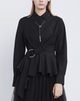 Casual Lapel Waist Irregular Long-Sleeved Black Shirt