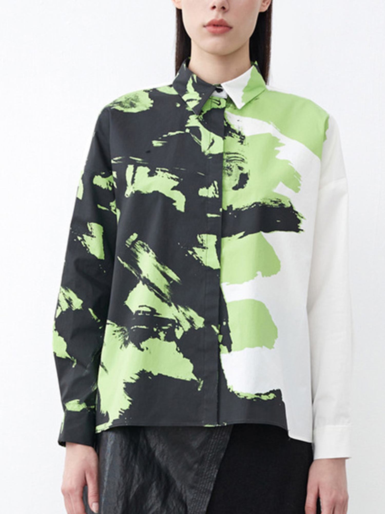 Basic Long-Sleeved Shirt With Lapel Ink Print