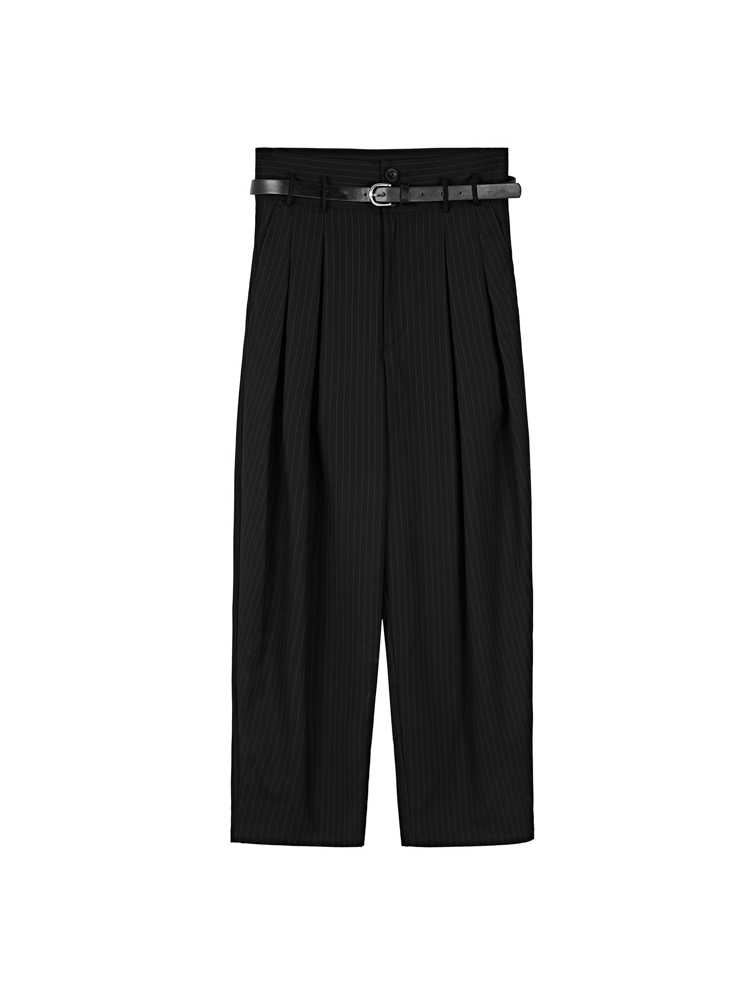 Striped Pleated High-Waist Commuter Trousers With Belt