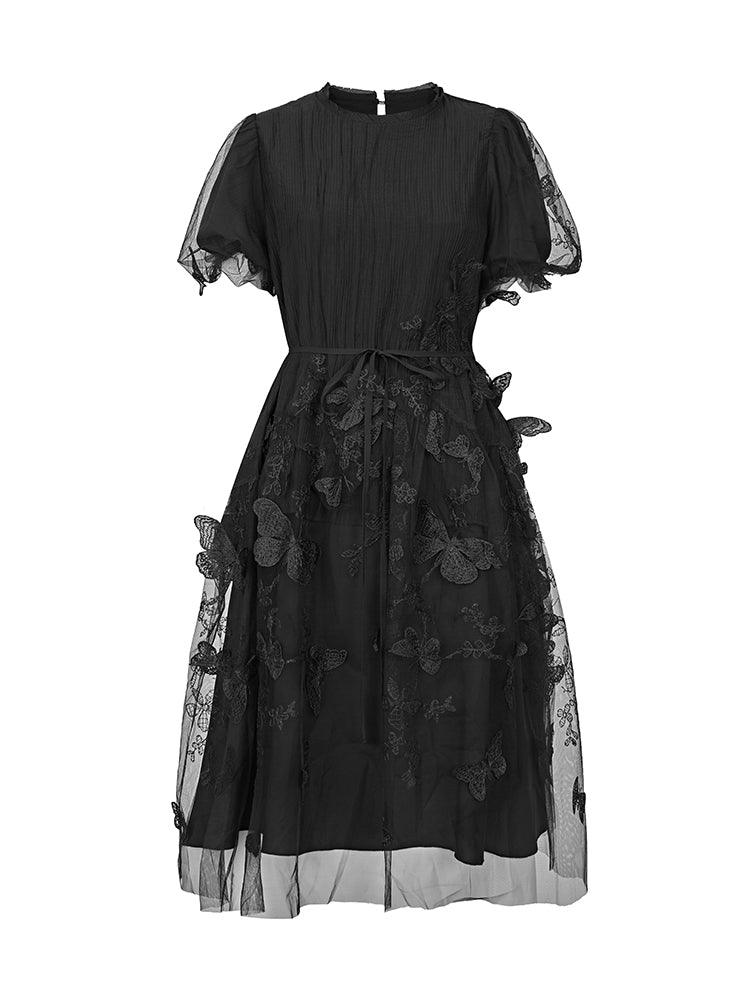 S·DEER Embroidered Mesh Neck Waist Short Sleeve Dress - S·DEER