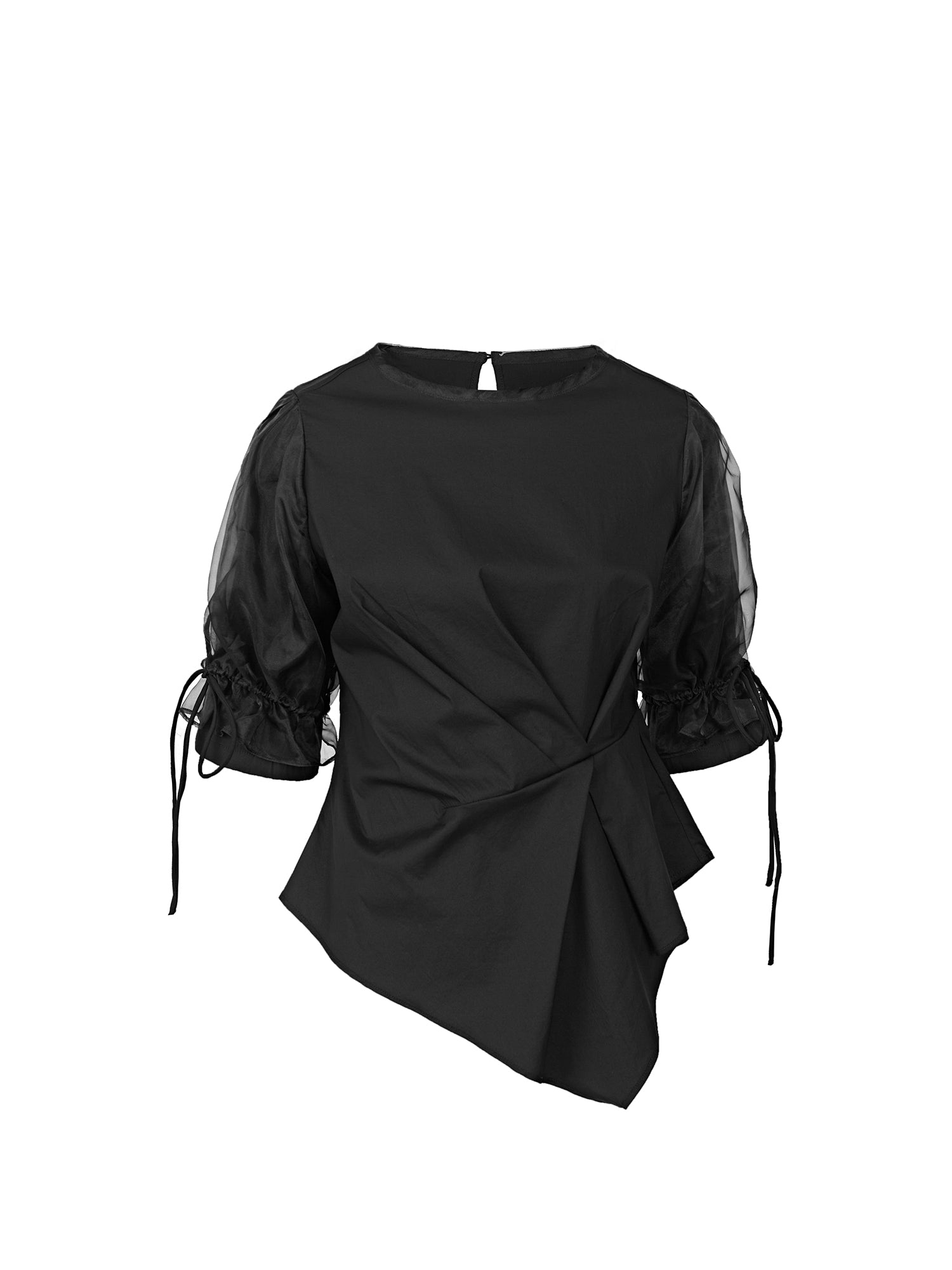 Pleat Waist Irregular Hem Mesh Sleeve T-Shirt