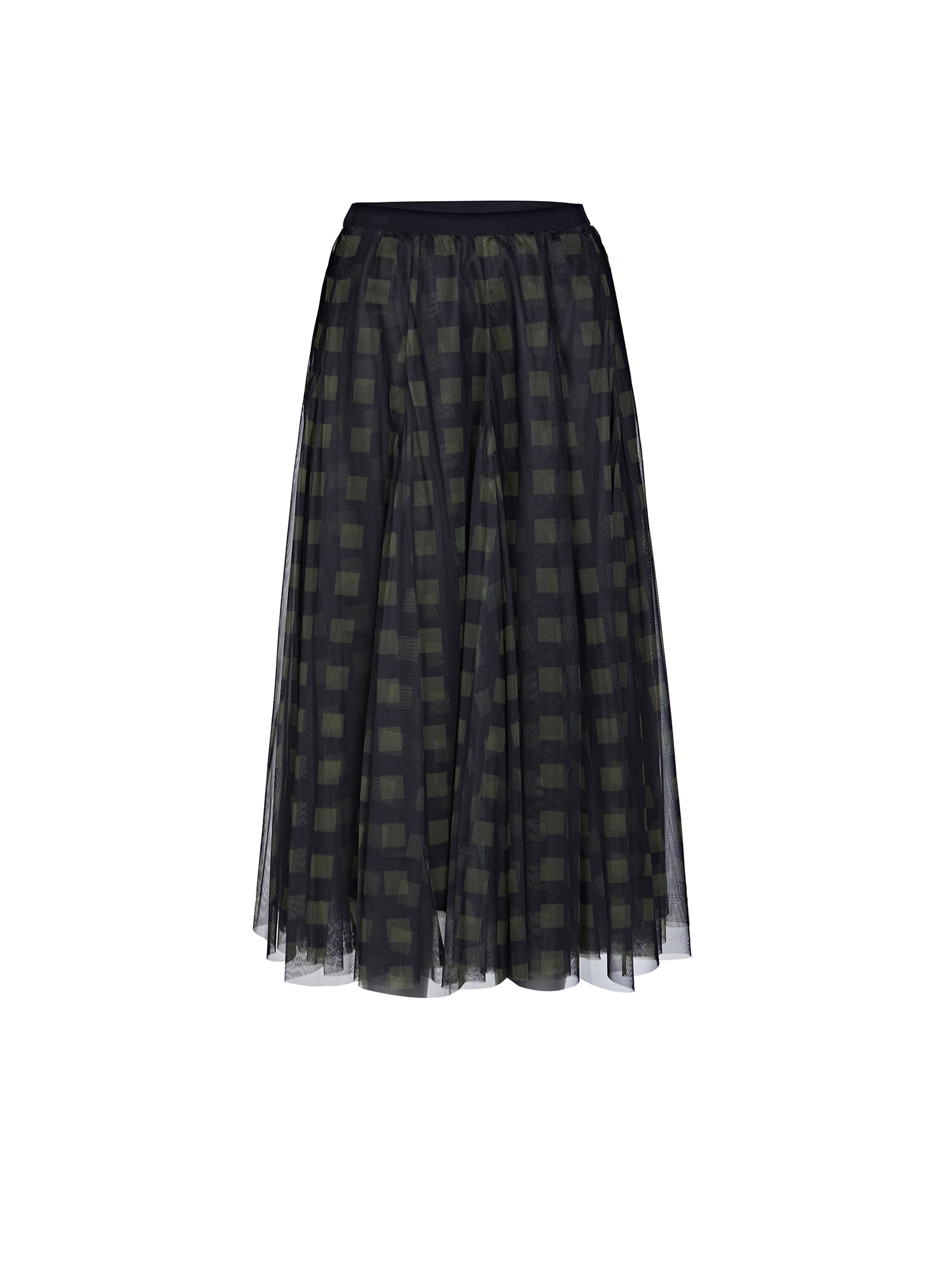 Elastic Check Printed Mesh Stitching Irregular Long Skirt