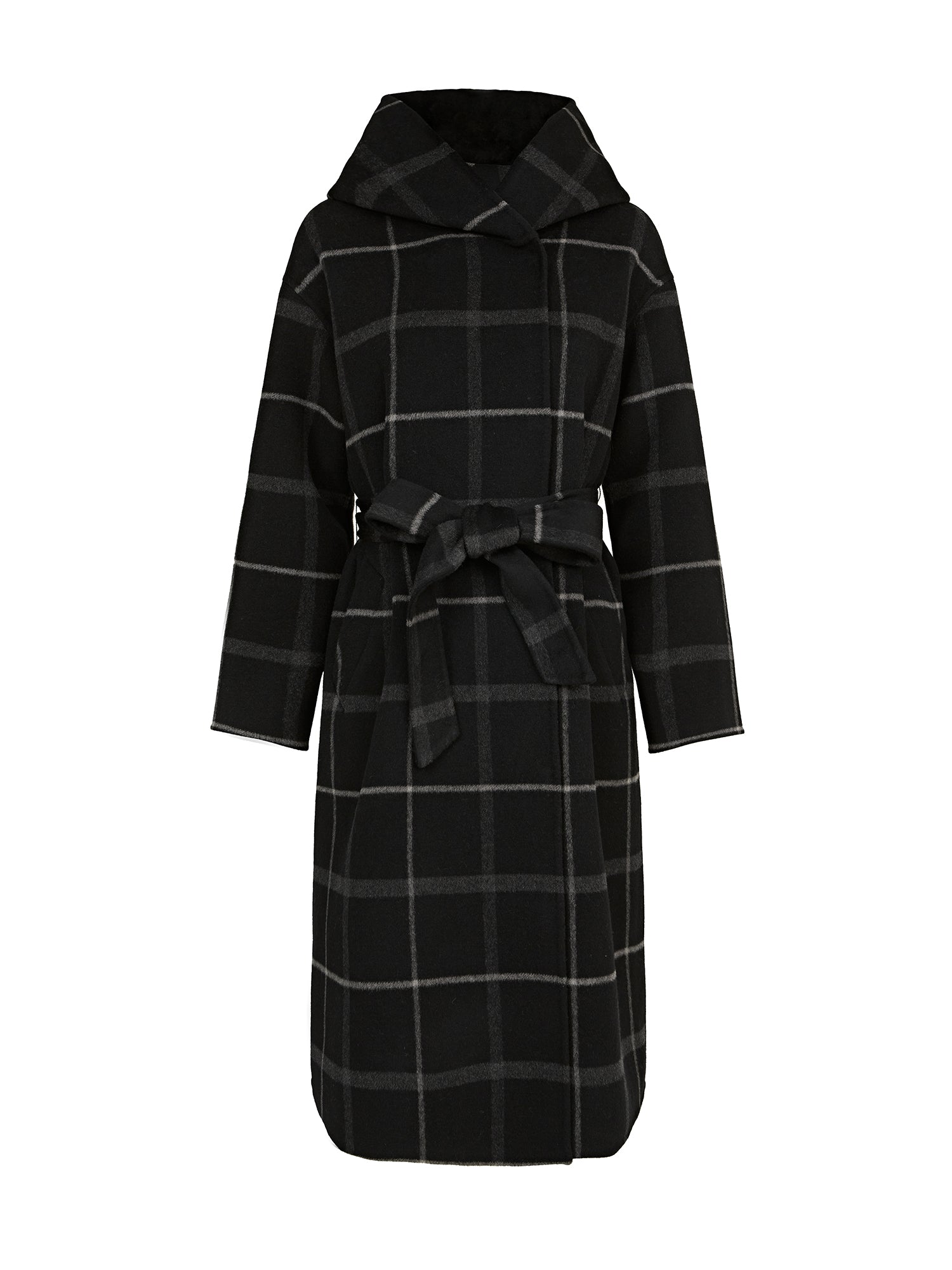 Plaid Hooded Belted  Wool Coat