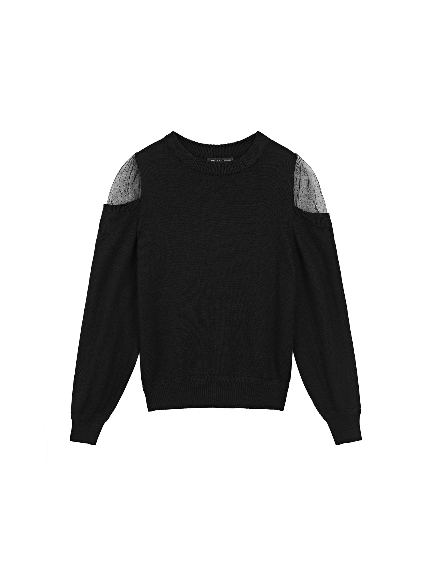 Ribbed Crewneck Organza-Paneled Long-Sleeved Sweater