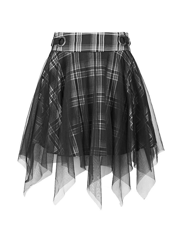 S·DEER Contrasting Check Mesh Panel A-Line Skirt - S·DEER