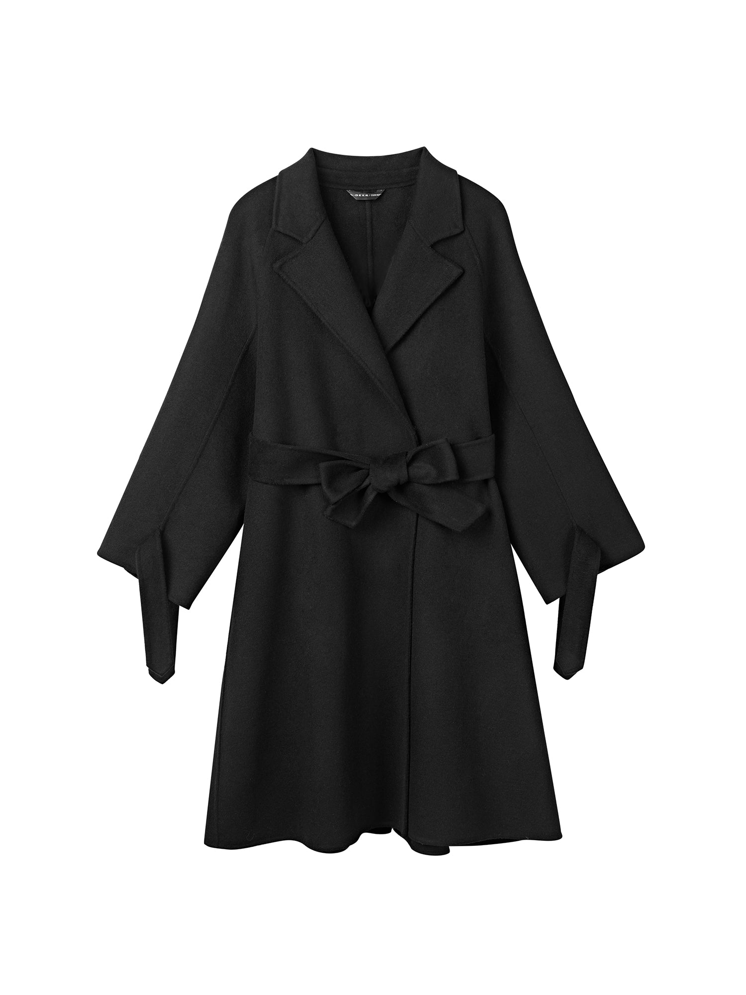 Flat-lay of S·DEER black wool coat with wide lapel and waist belt