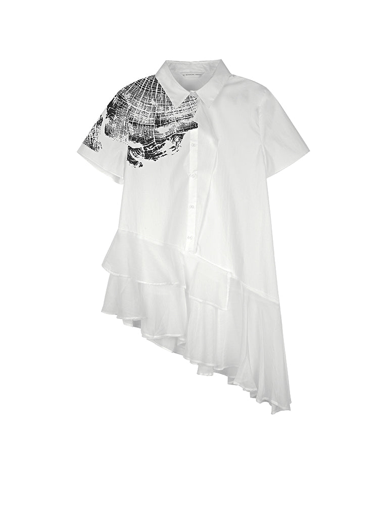 Kontrastierendes, bedrucktes Chiffon-Hemd im Nationalstil mit Revers