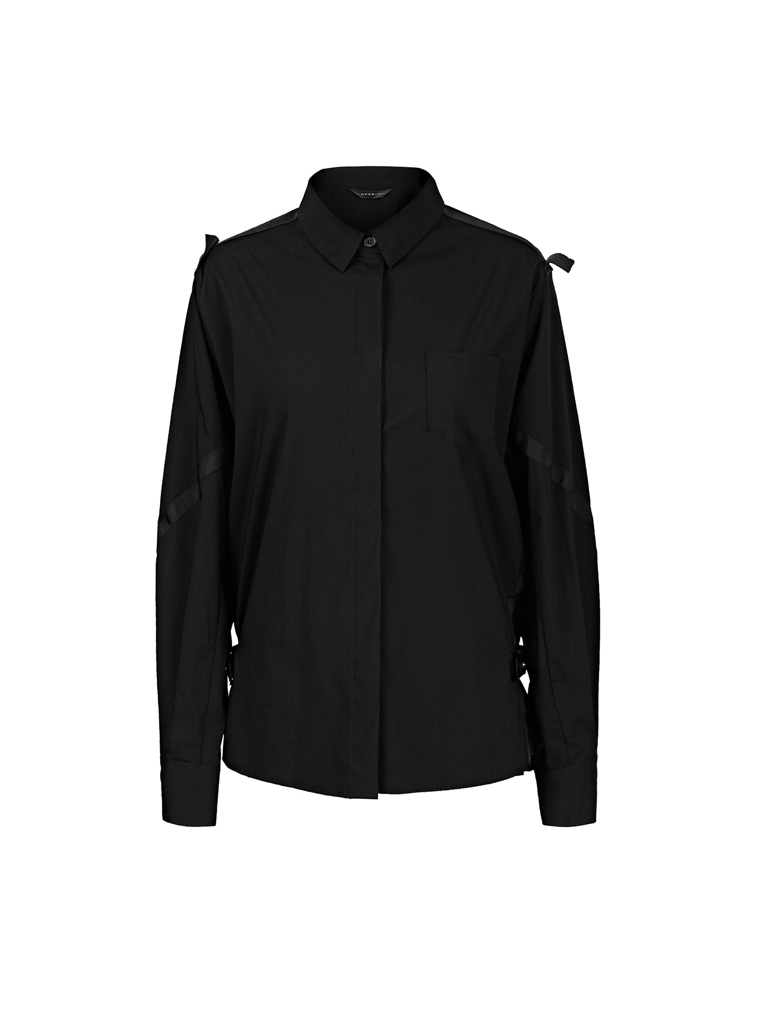 Casual Lapel Webbing Stitching Black Long-Sleeved Shirt