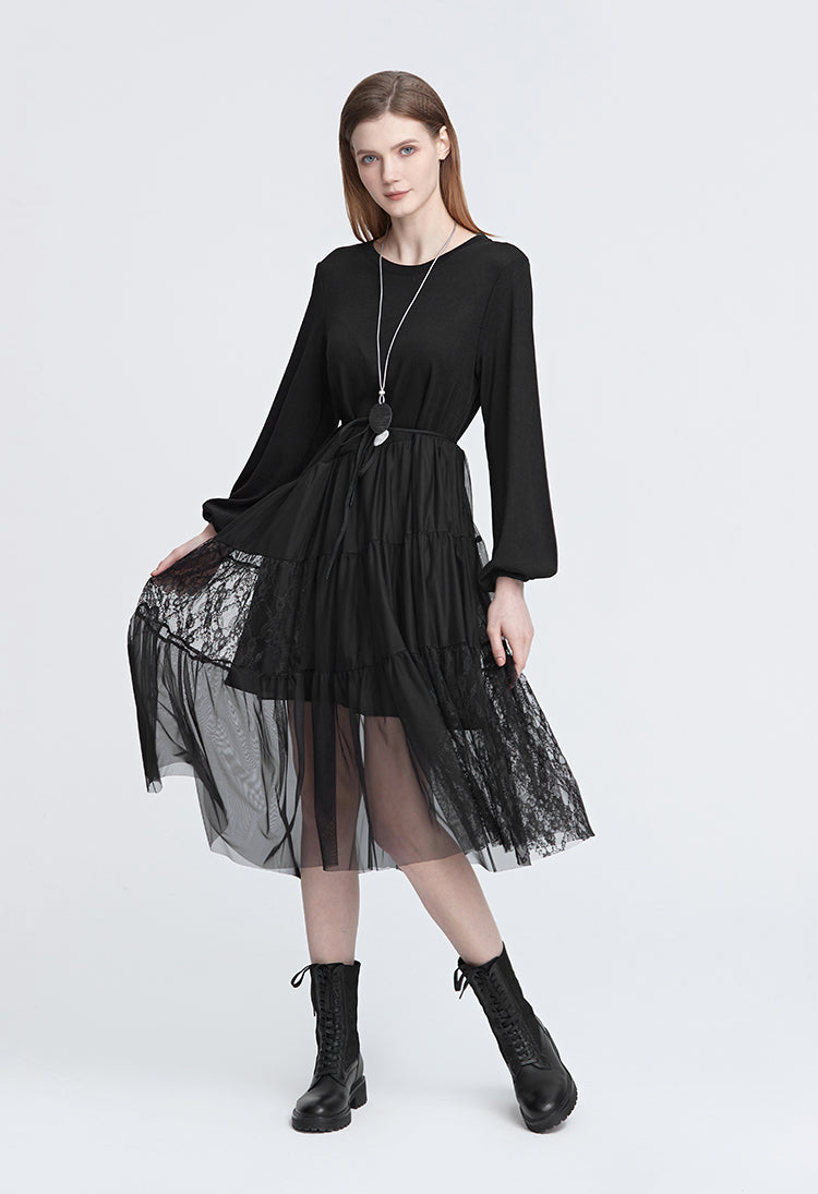 S.DEER  Fashion Crew Neck Waist Mesh Lace Long Sleeve Dress - S·DEER