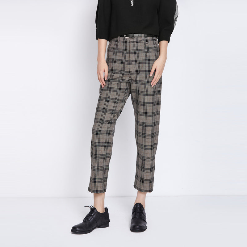 SDEER Retro belt plaid commuter loose cropped trousers - S·DEER