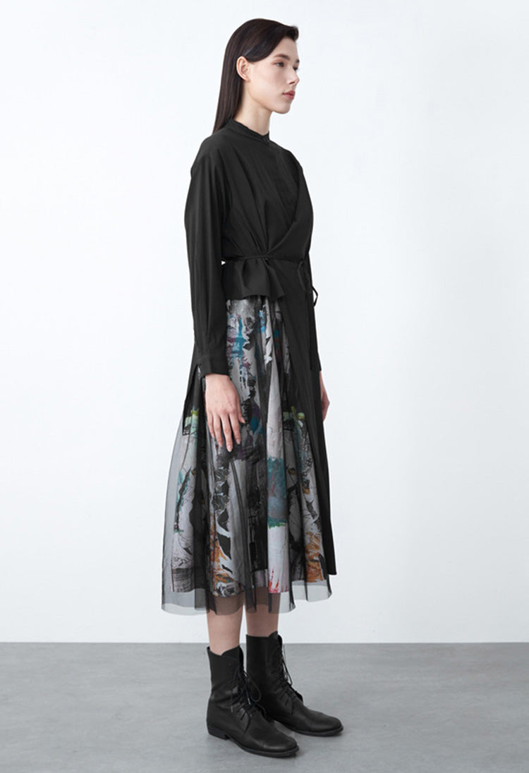 SDEER Round Neck Waist Contrast Printed Mesh Stitching Dress - S·DEER