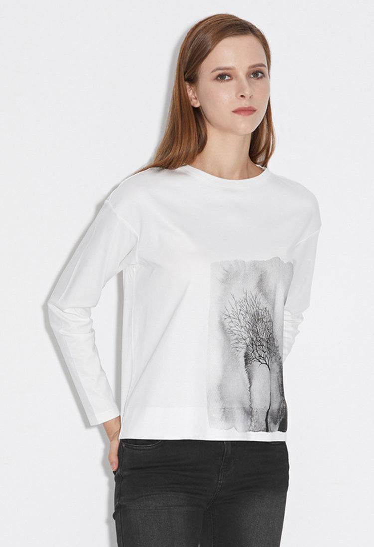 S.DEERLoose round neck ink smudge white long-sleeved T-shirt S21380206 - S·DEER