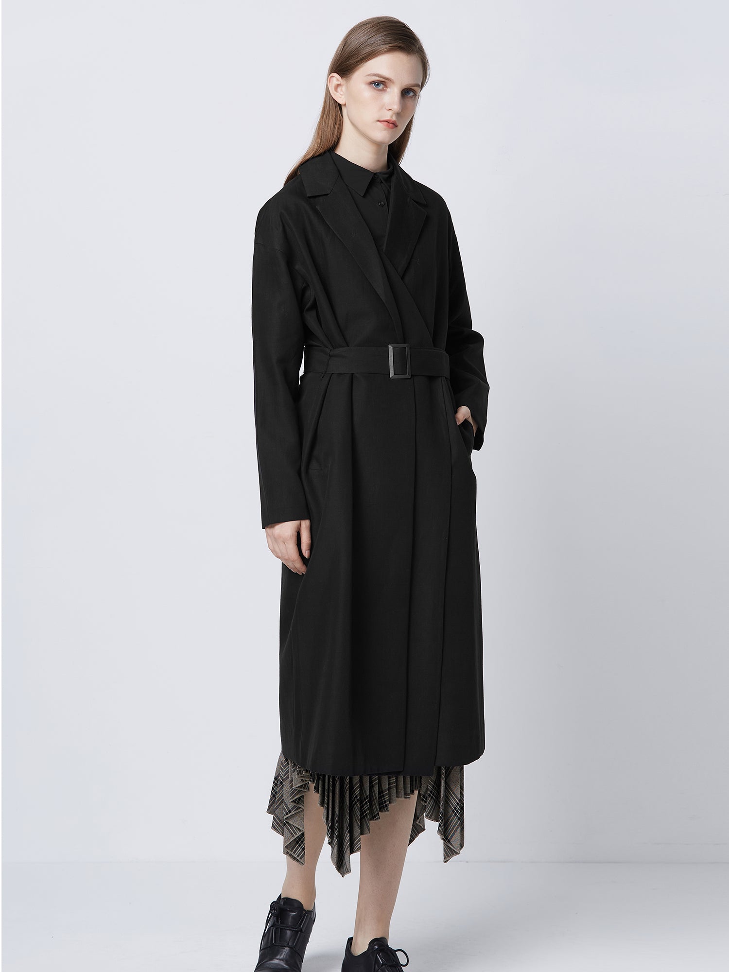 Commuter Style Patchwork Receiving Waist Long Trench Coat