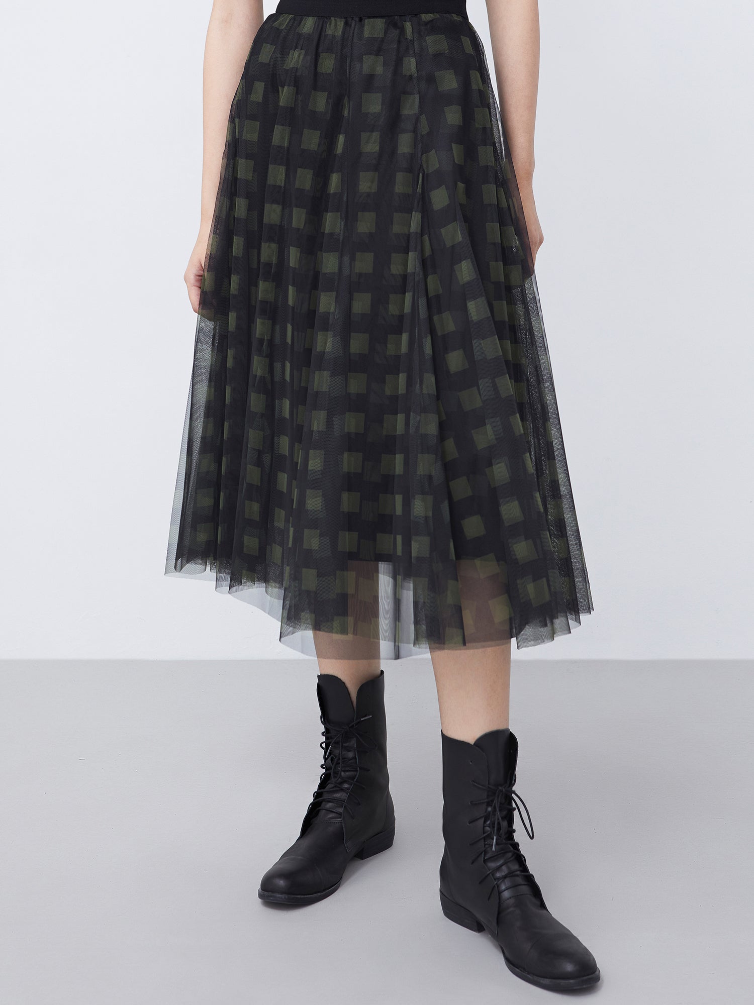 Elastic Check Printed Mesh Stitching Irregular Long Skirt