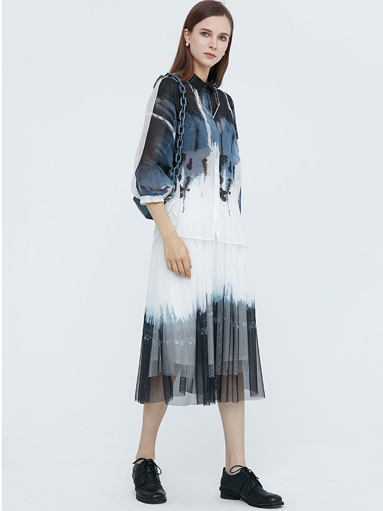 Elegant Mesh Stitching National Style Smudge Long Skirt