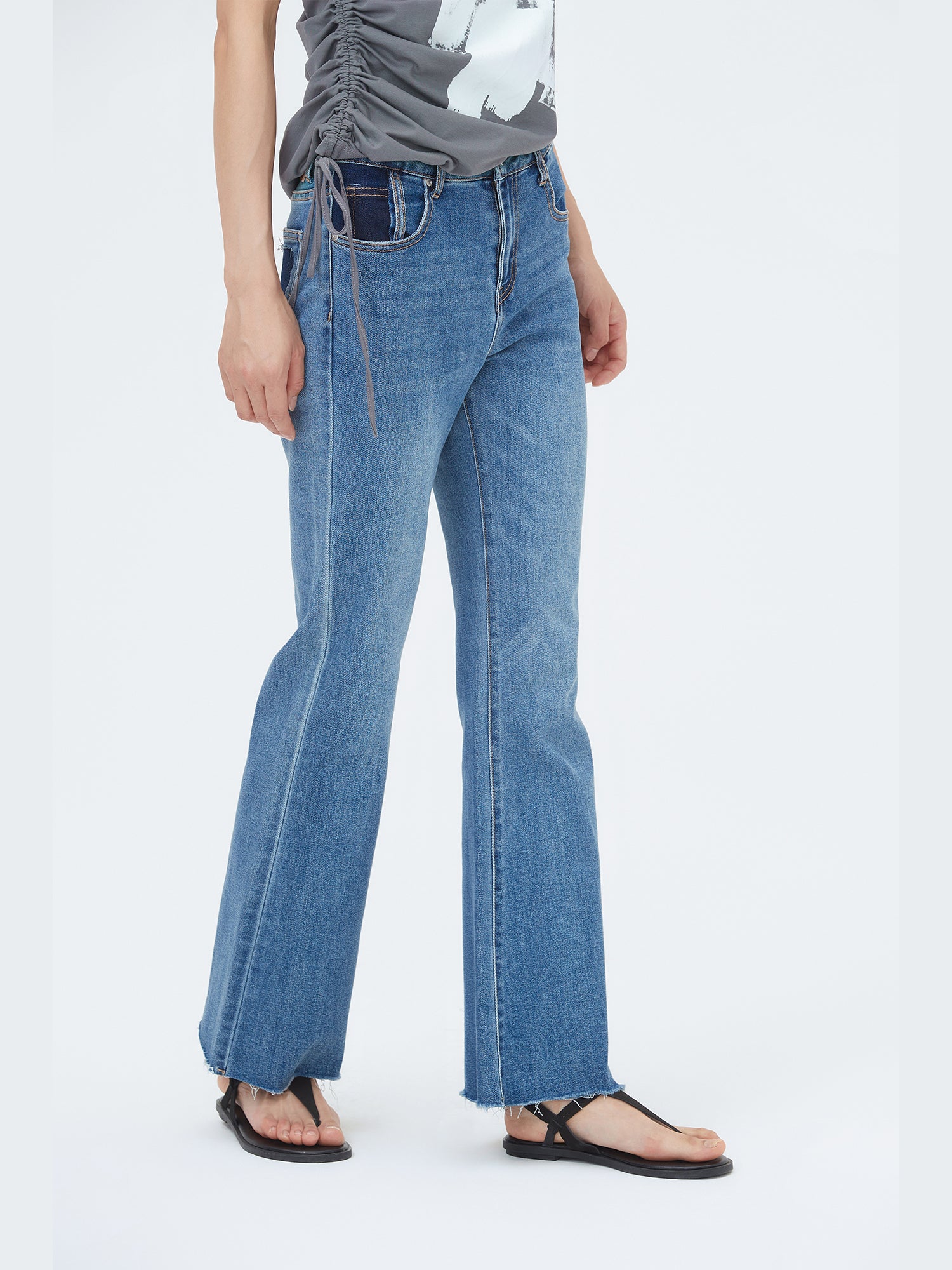 Water-washed Frayed Flare Jeans