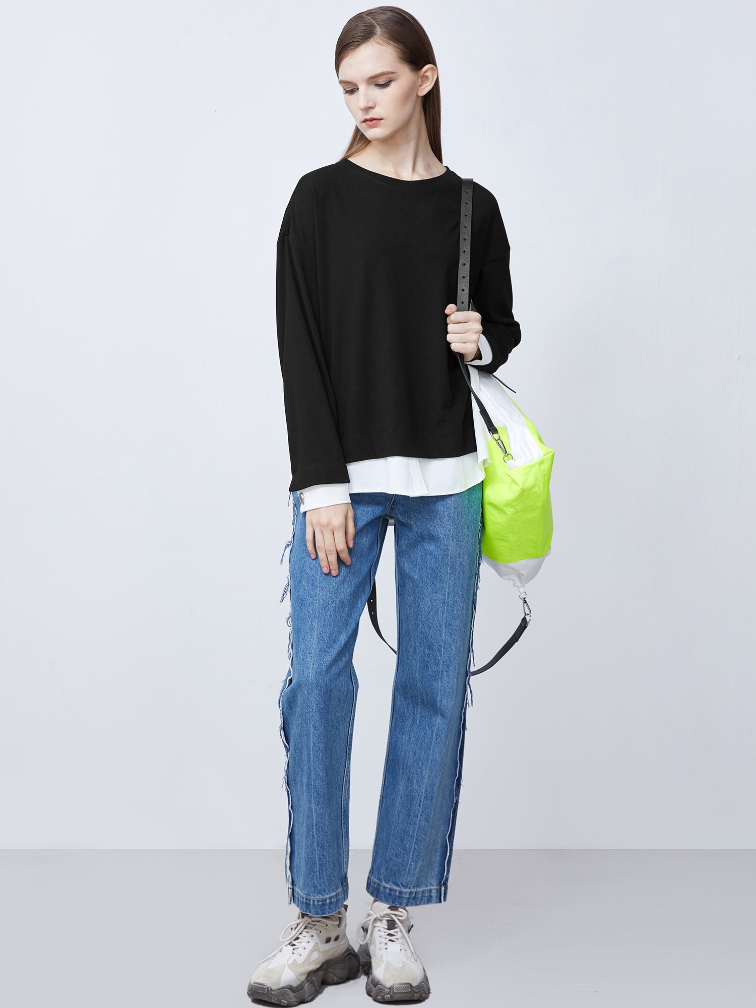 Ribbed Round Neck Color Contrast Stitching Long-Sleeved T-Shirt