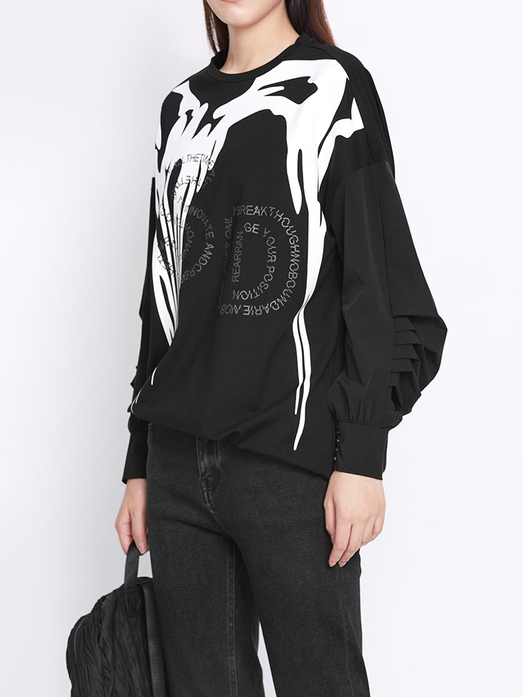 Pleated Contrast Letter Printed Sweater