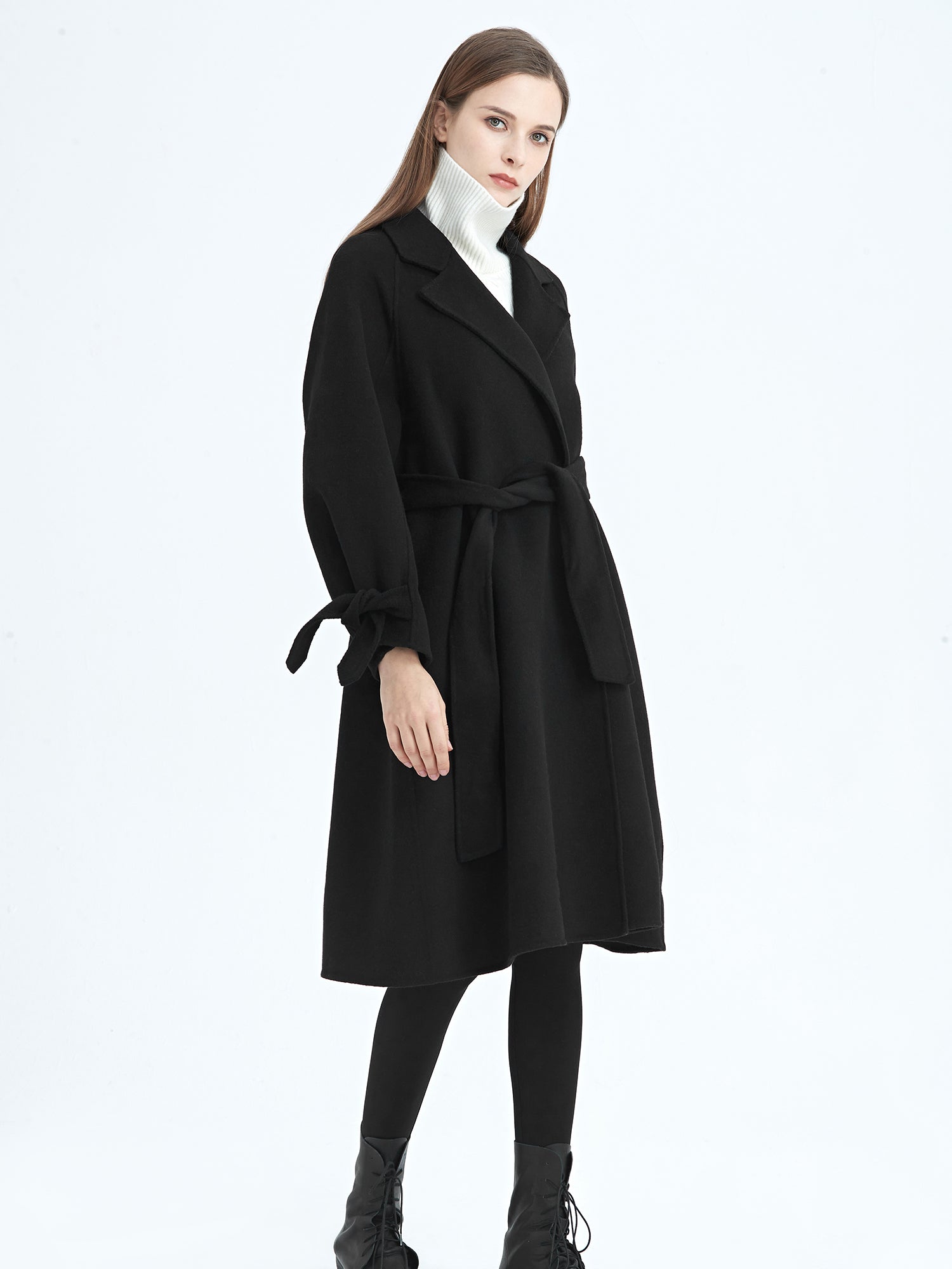 Side view of S·DEER black belted wool coat with a classic silhouette and long sleeves