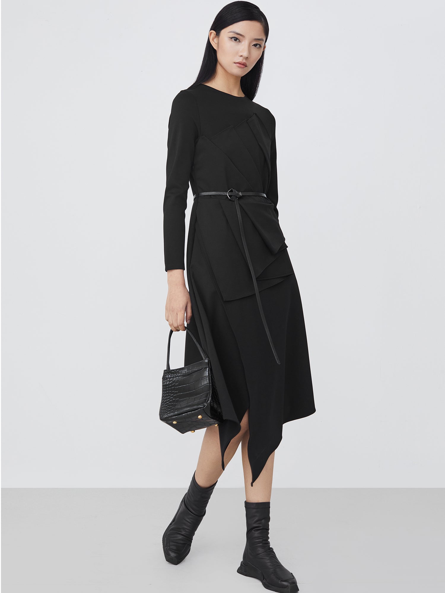 Round Neck Splicing Waist Irregular Long-Sleeved Dress