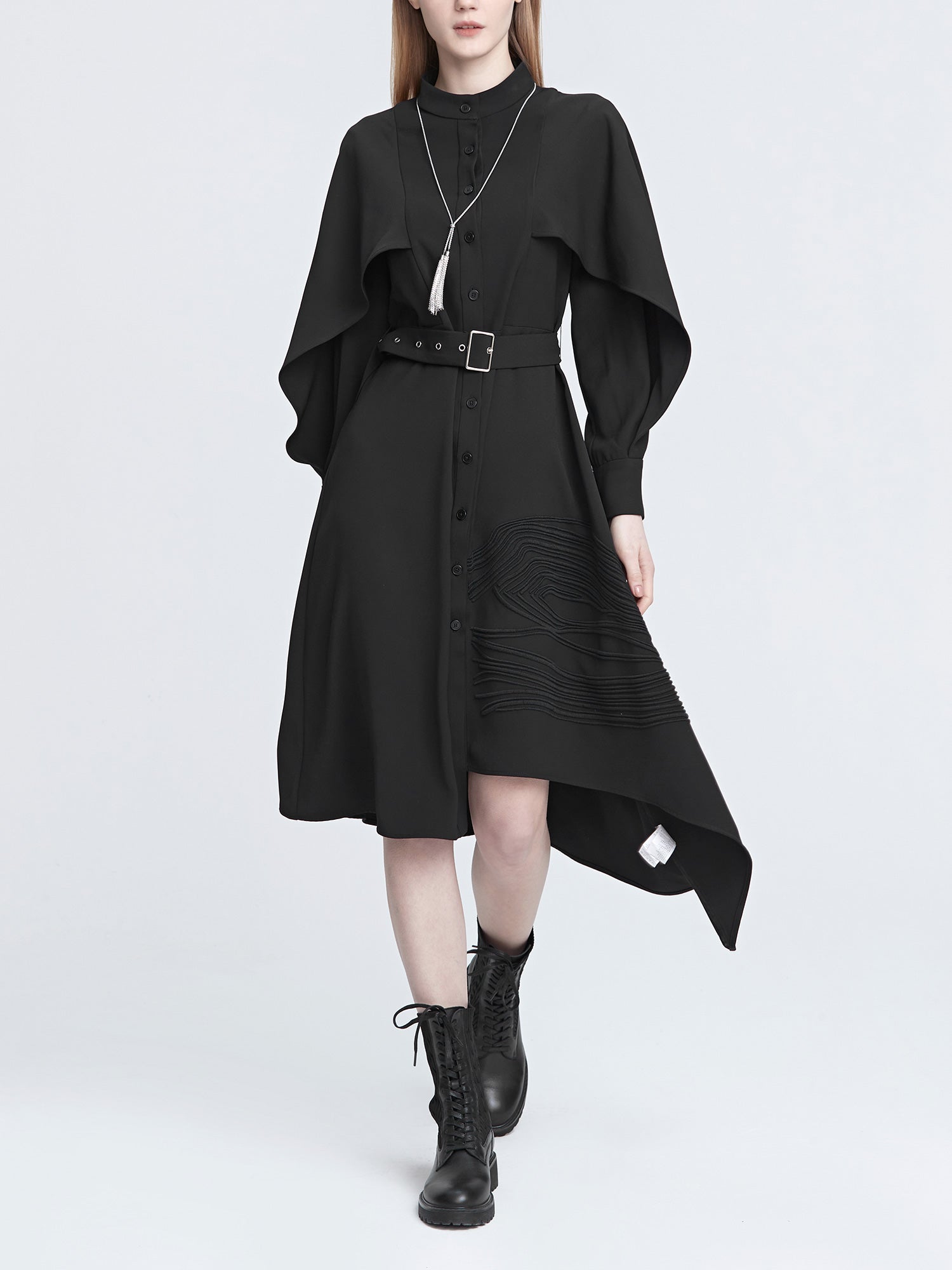 Stand Collar Waist Shirt Dress - S·DEER