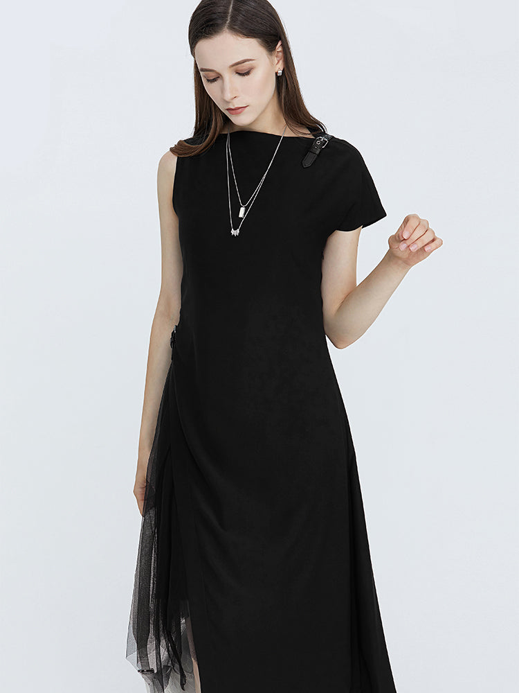SDEER Asymmetric Sleeves Leather Buckles Dress For Women – S·DEER