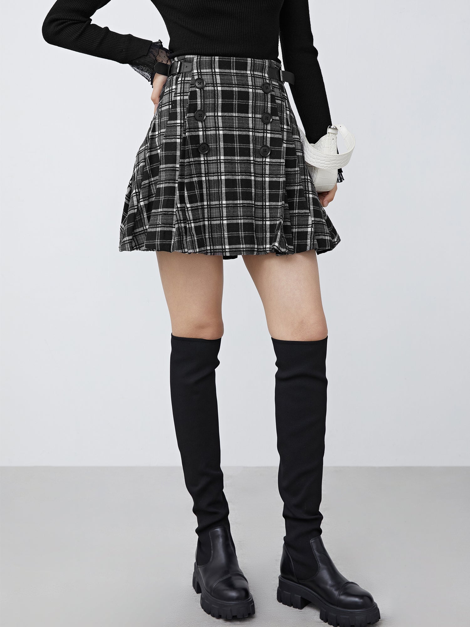 Vintage Plaid Leather Patchwork A-Line Pleated Skirt
