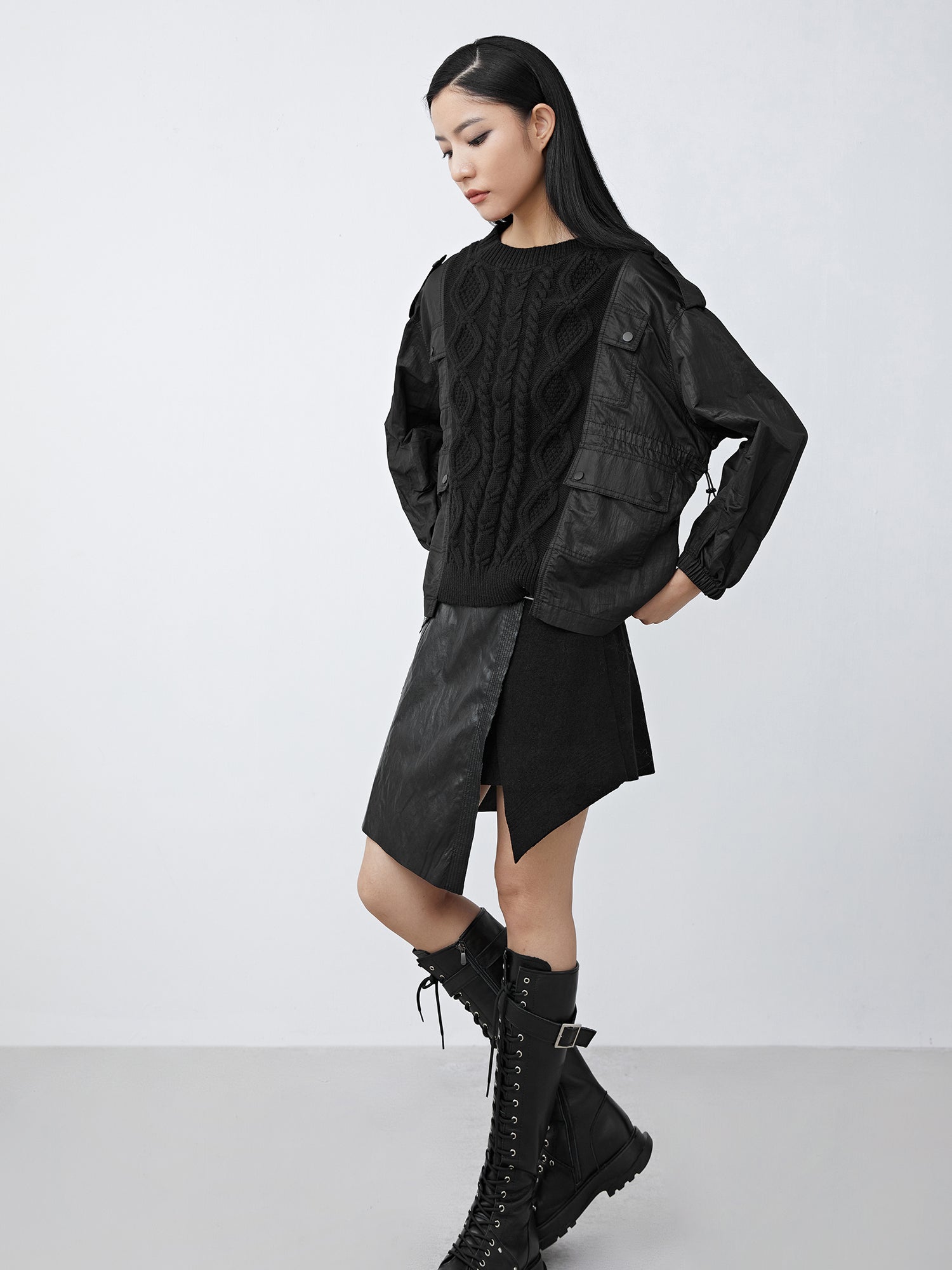 Ribbed Round Neck Crochet-Panel Oversized Sweatshirt Jacket