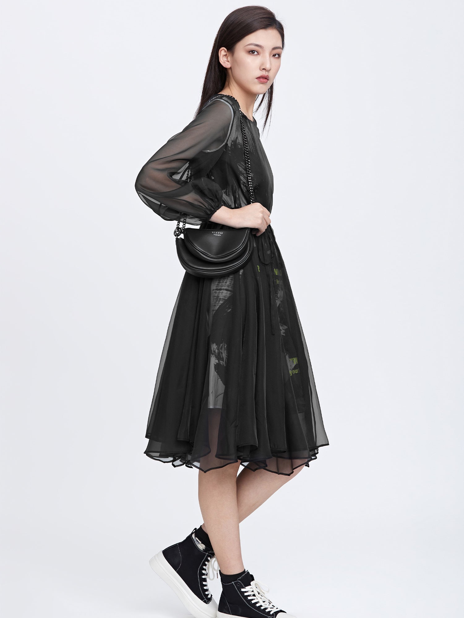 Long Sleeve Smocked Wiast Mesh Dress - S·DEER