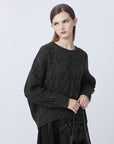 Relaxed Ribbed Crew Neck Crocheted Loose-Knit Sweater