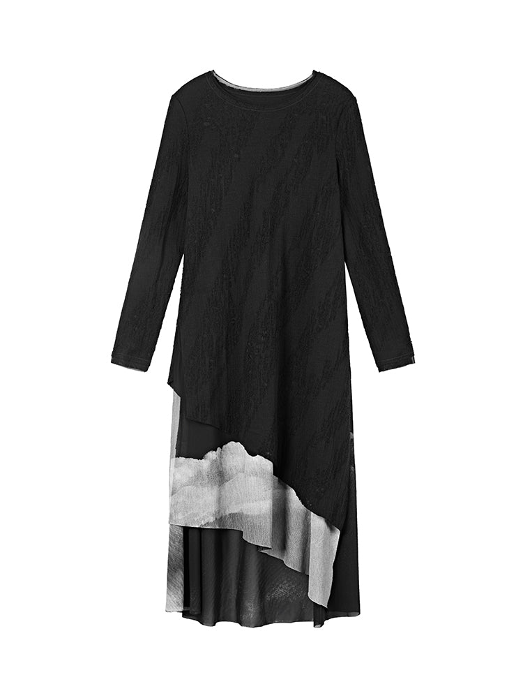 Two-Piece Woolen Dress With Round Neck Mesh Print Suspenders