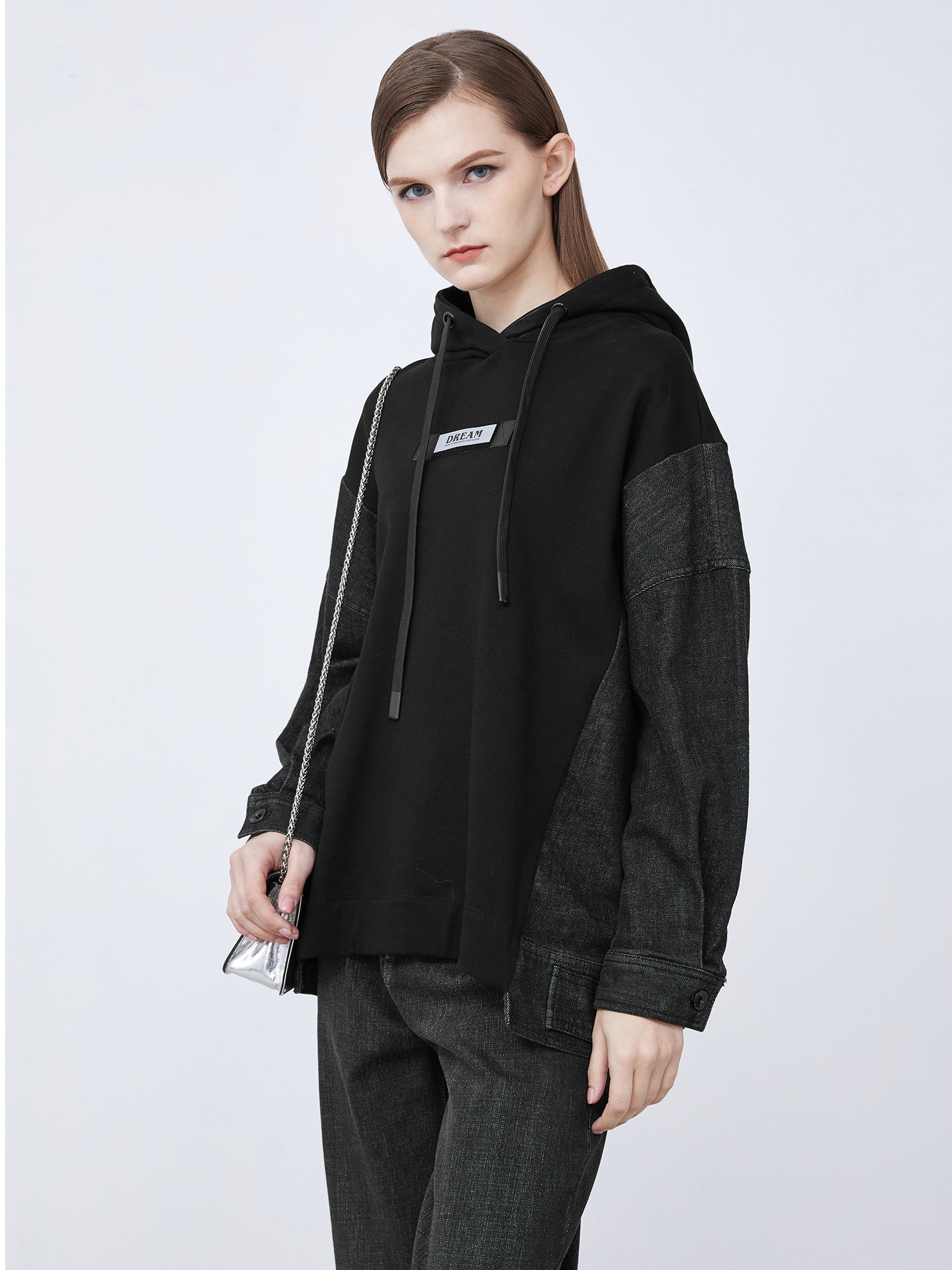 Drawstring Hooded Letter Offset Stitching Irregular Sweater Jacket