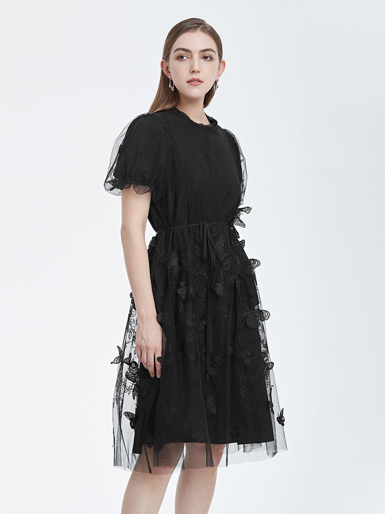 S·DEER Embroidered Mesh Neck Waist Short Sleeve Dress - S·DEER