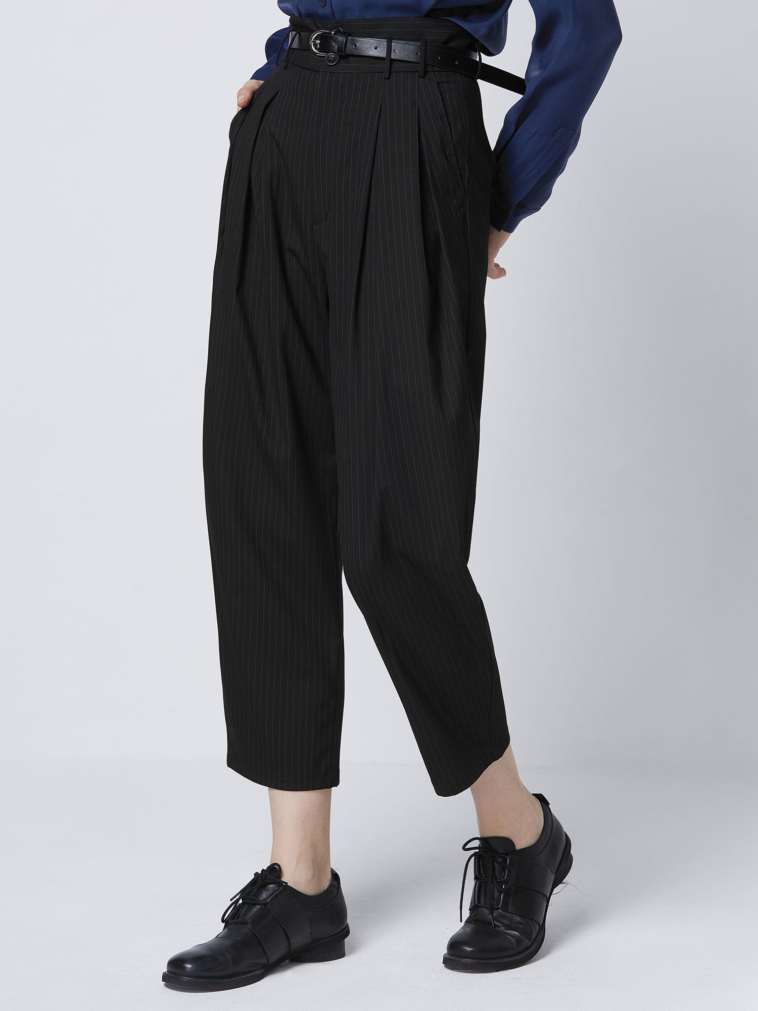 Striped Pleated High-Waist Commuter Trousers With Belt