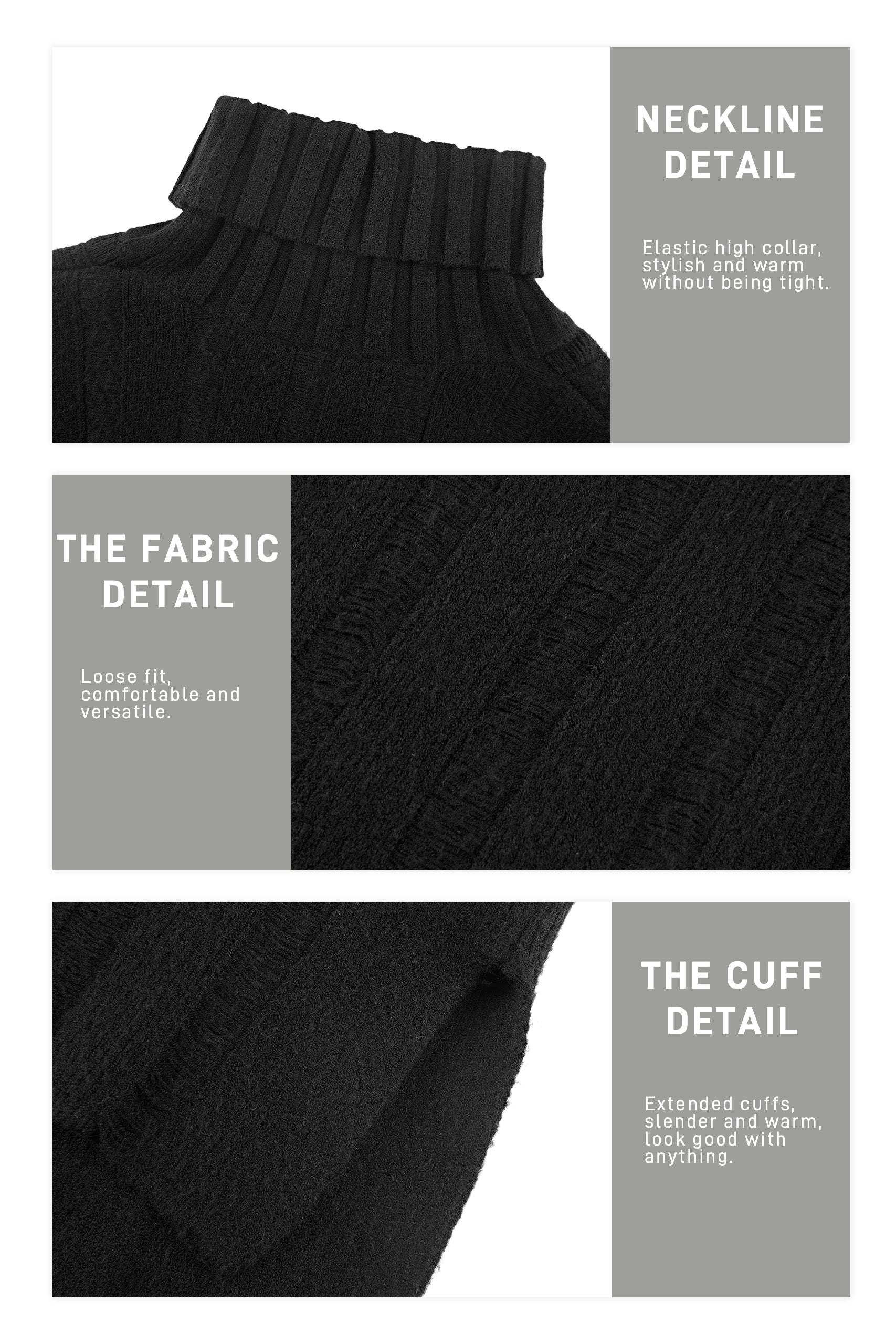 S·DEER Women&#39;s Ribbed Turtleneck Textured Rolled Black Knit Sweater - S·DEER