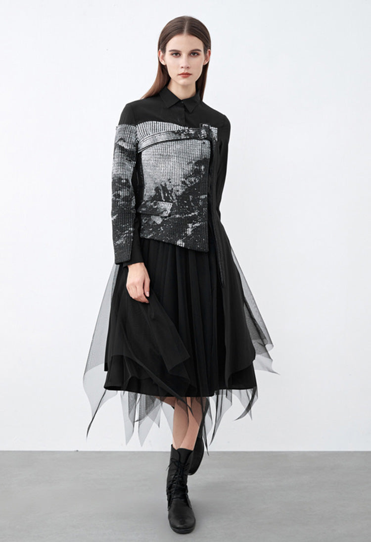 SDEER Ink Knit Stitching Mesh Shirt Dress - S·DEER