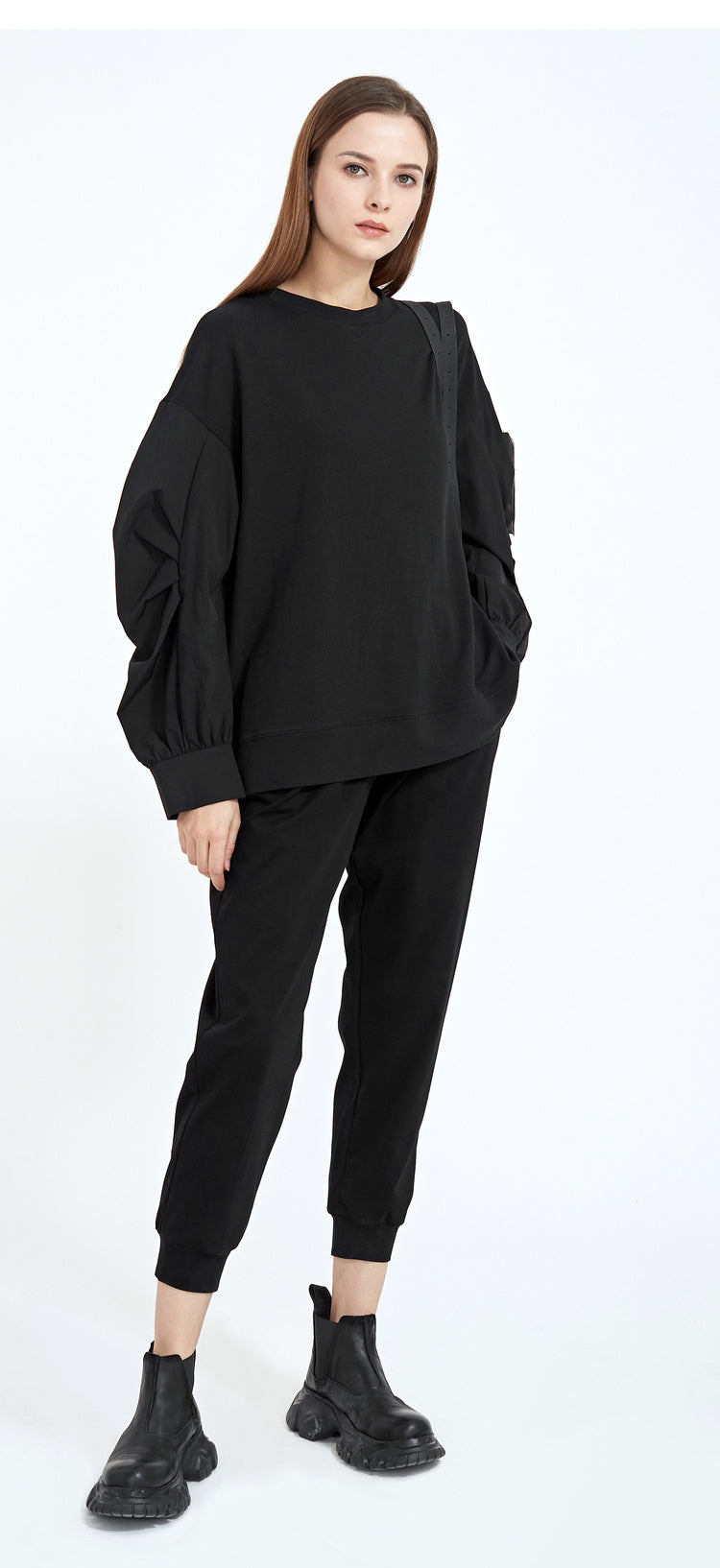 SDEER Casual elastic slot pocket straight black trousers - S·DEER