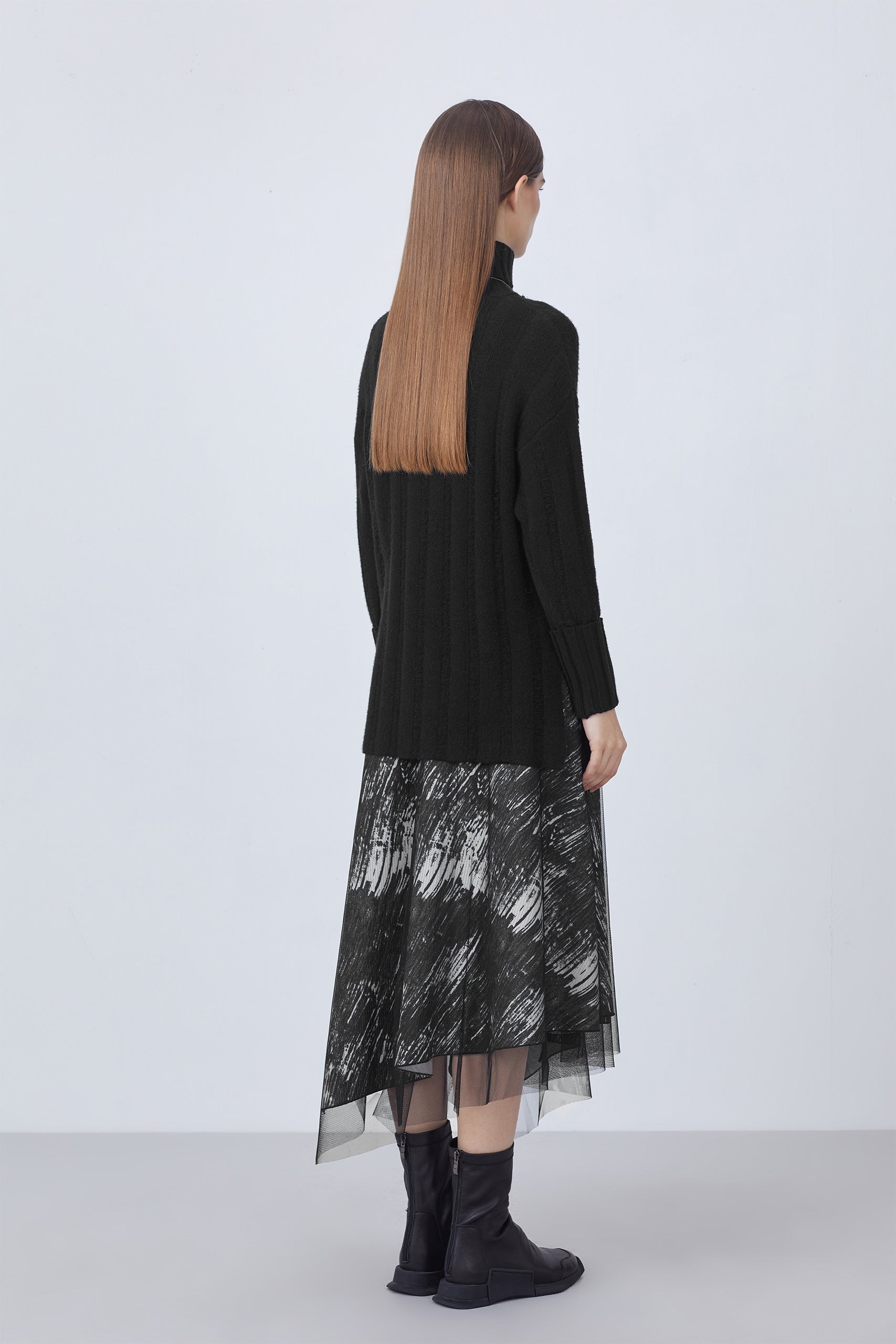 S·DEER Women&#39;s Ribbed Turtleneck Textured Rolled Black Knit Sweater - S·DEER