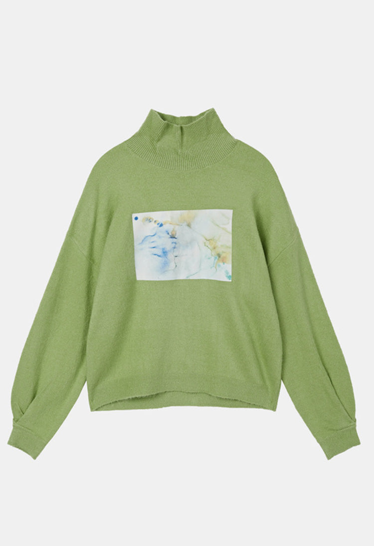 SDEER Ribbed Turtleneck Contrast Printed Loose Knit Sweater - S·DEER