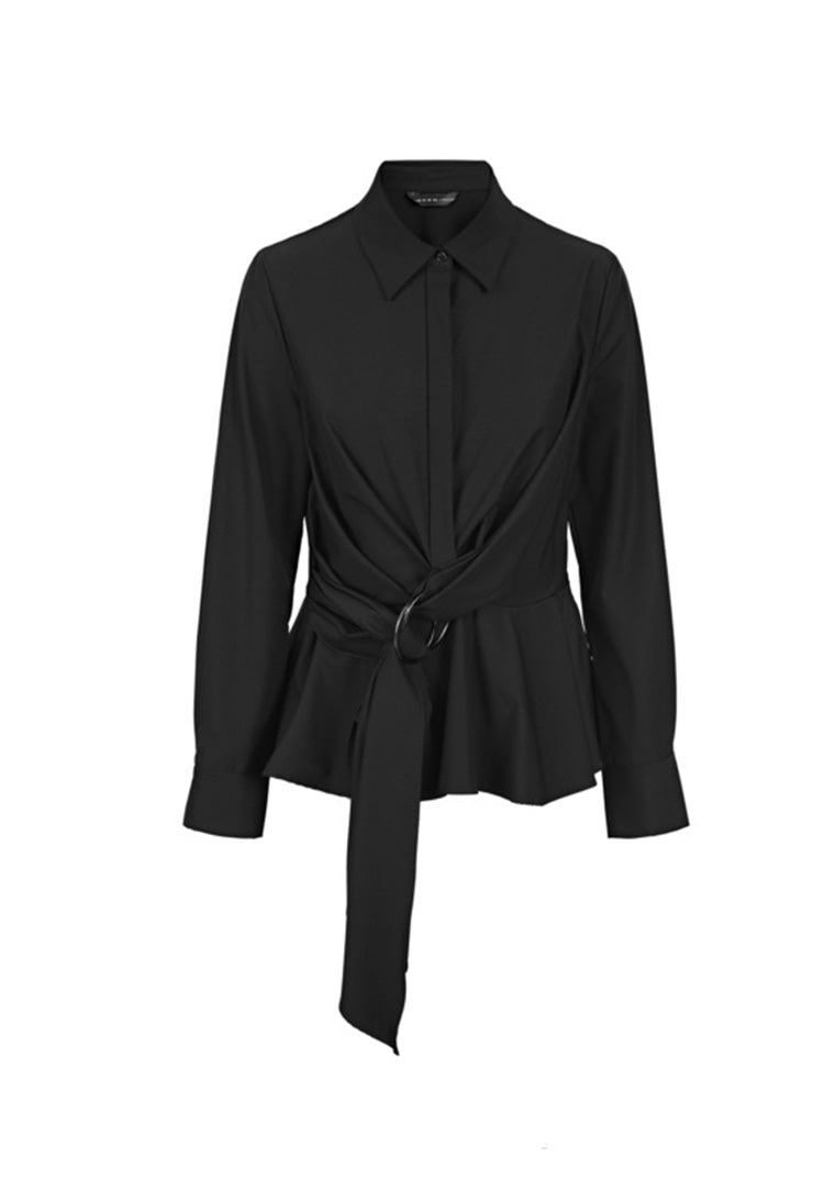 SDEER Casual Lapel Waist Irregular Long-sleeved Black Shirt - S·DEER