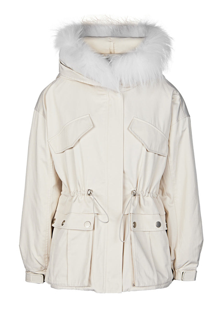 SDEER Mid-length Parker Cotton Jacket With Fur Collar And Hood - S·DEER
