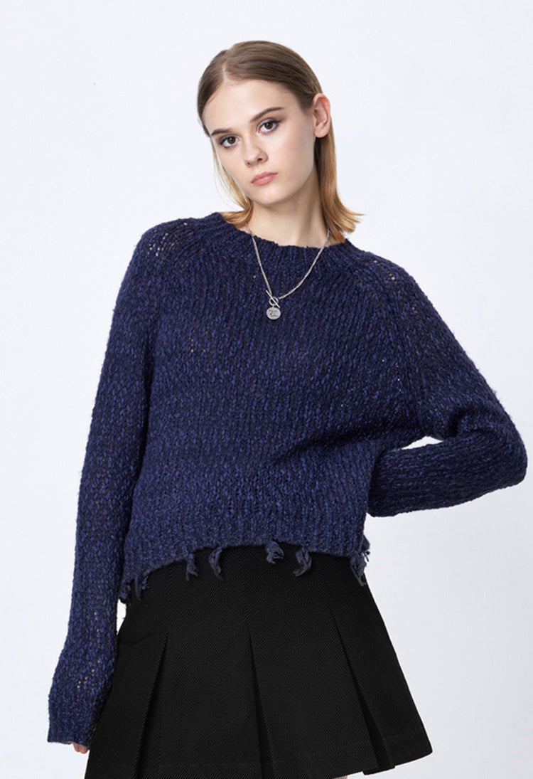 SDEER Round Neck Tassels Distressed Long-sleeved Blue Sweater - S·DEER