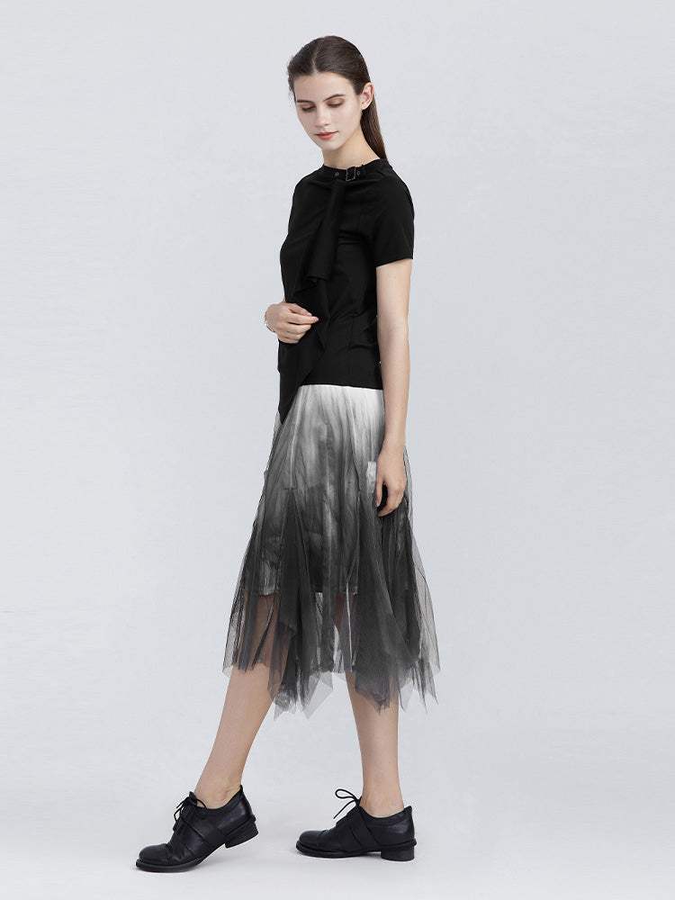 Buckle Crew Ruffle Irregular Hem T-Shirt