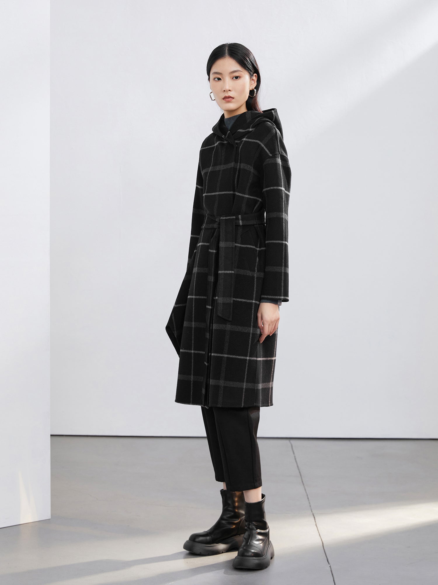 Plaid Hooded Belted  Wool Coat