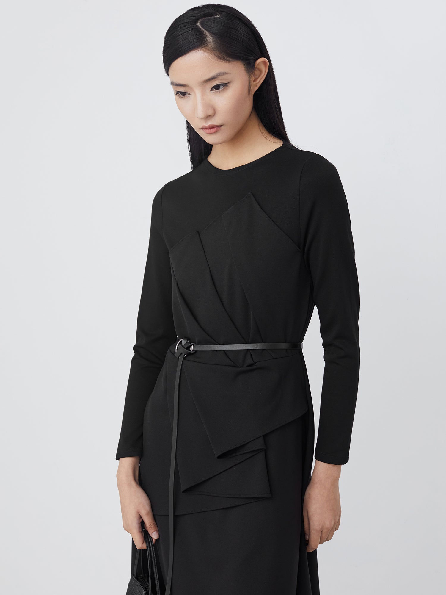 Round Neck Splicing Waist Irregular Long-Sleeved Dress